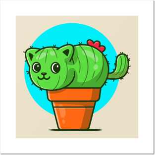 Cute Cat Cactus Cartoon Illustration Posters and Art